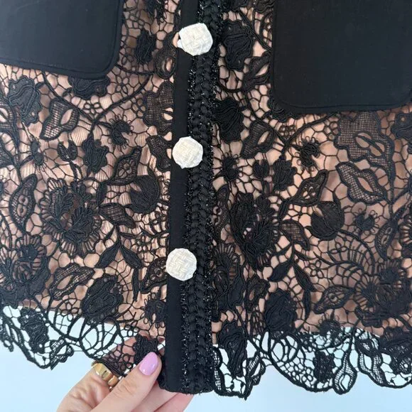 NWT Self-Portrait Guipure Lace Mini Dress In Black Gold-tone Buttons Square Neck - Picture 4 of 7